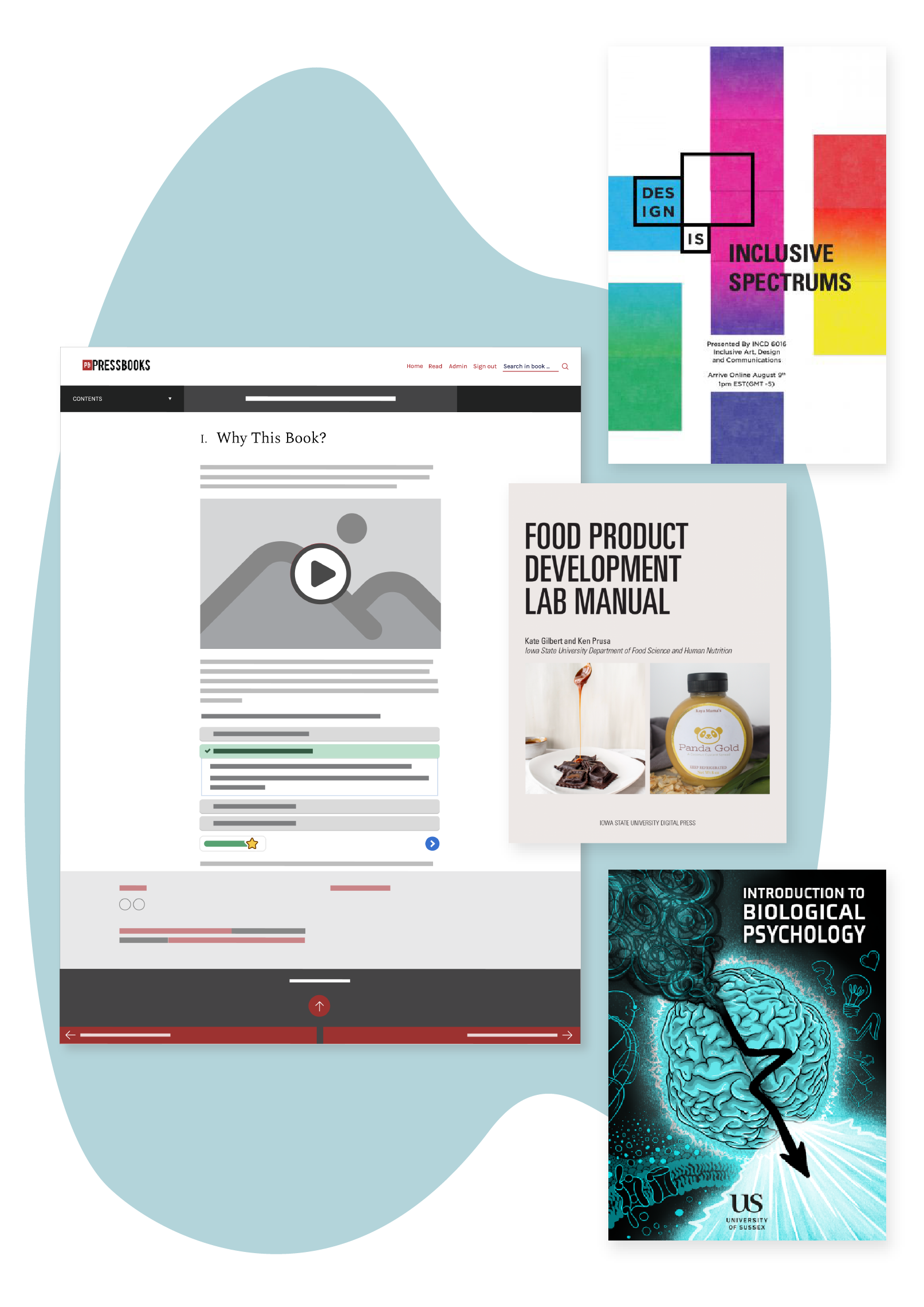 illustration of the Pressbooks interface with several book cover examples